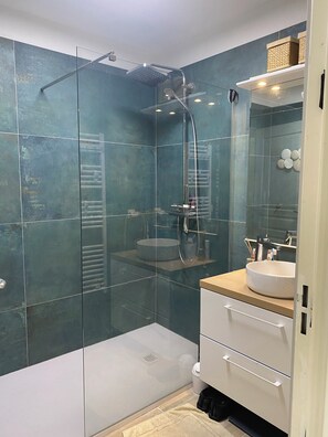 Shower, hair dryer, towels