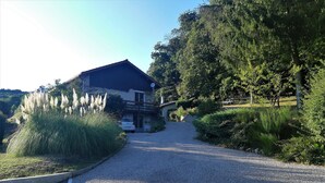 A gravel driveway leading to a house with a sloped roof, surrounded by lush greenery and tall grasses.