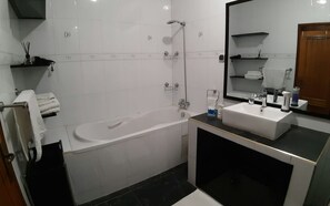 Hair dryer, towels, toilet paper