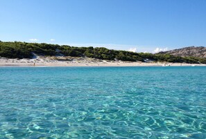 A beach with clear turquoise water and a sandy shore.