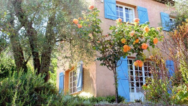 A rustic building with blue shutters and a stone wall in front.