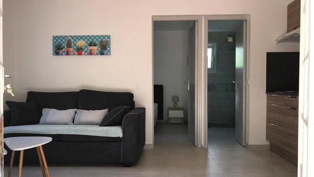 A living room with a black sofa, a small round table, and a painting of cacti on the wall. - LAST MINUTE T2 N ° 2 HC (Cavalaire-sur-Mer)