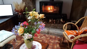 Ein gemütliches Wohnzimmer mit Kamin, einem Tisch mit Blumenvase und einem Korbsessel.