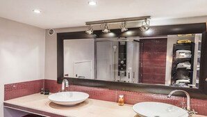 A bathroom with two sinks, a large mirror, and a shower area. - ★ House with Panoramic Sea View ★ (Théoule-sur-Mer)