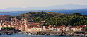 Un pueblo costero con edificios históricos, un puerto deportivo y una colina con abundante vegetación al fondo.