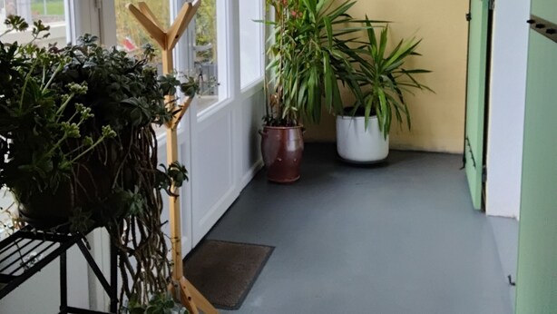 Een smal balkon met plantenbakken, een houten plantenstandaard en uitzicht op de omgeving.