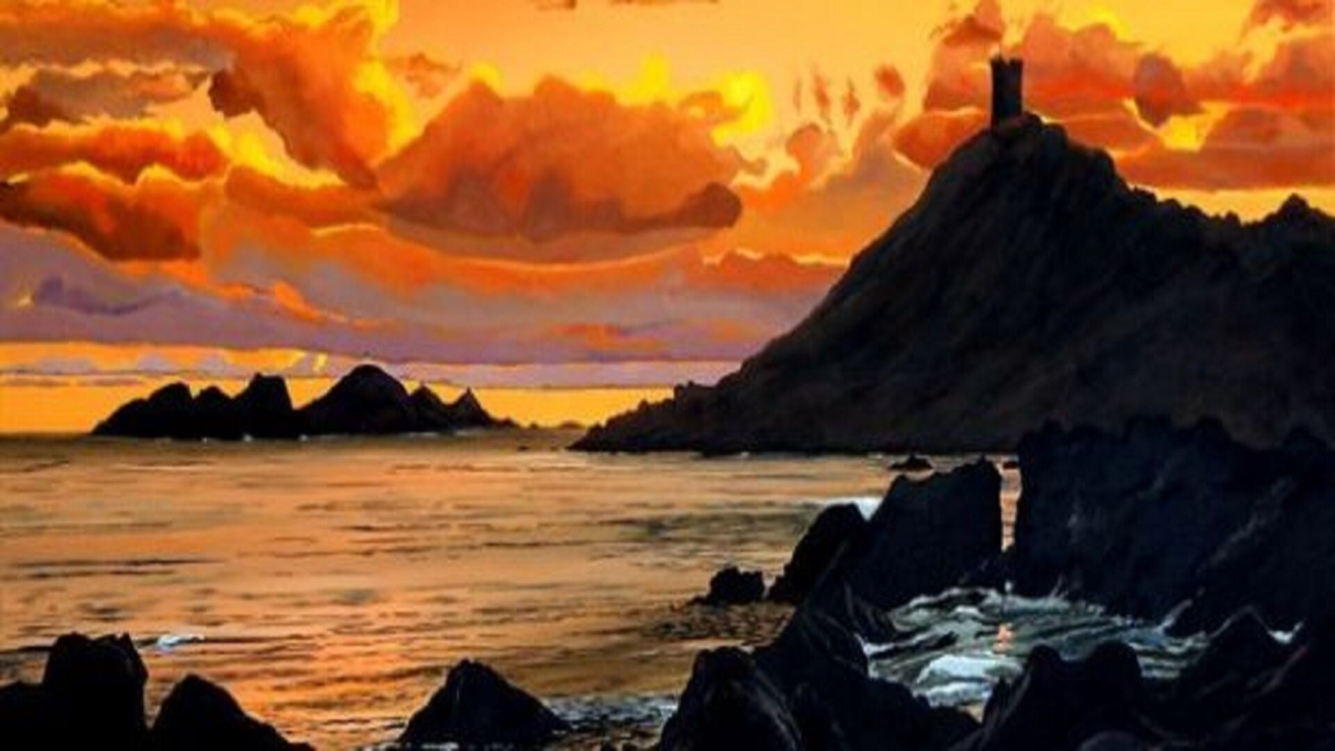 Un paysage côtier avec des affleurements rocheux et une colline lointaine, le tout baigné par la lumière d'un coucher de soleil.
