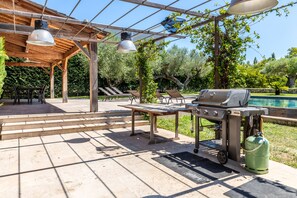 An outdoor patio with a grill, tables, and chairs, overlooking a pool.