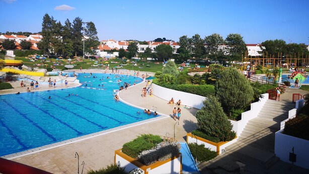 Una gran piscina al aire libre con múltiples carriles, rodeada de una zona ajardinada con escalones que bajan a la piscina.