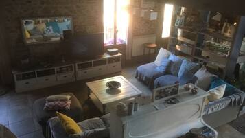 Televisie, een open haard, videospelletjes en een dvd-speler