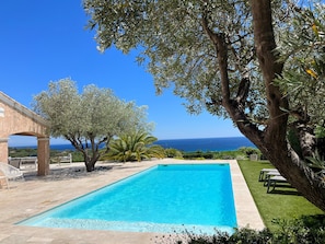 A rectangular swimming pool with clear blue water, surrounded by a paved deck. There is a large tree with dense foliage to the right and a pergola structure to the left. The background features a clear blue sky and a distant view of the sea.