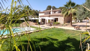 Une maison avec une piscine, entourée de verdure et de palmiers.