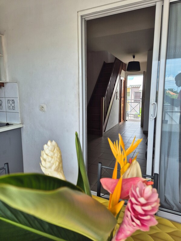Um corredor com escada que dá para uma varanda. Há plantas em vasos com folhas grandes e flores.