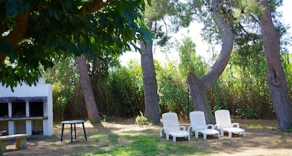 Maisonnette dans parc arboré terrain de pétanque, jeux enfants BBQ proche plages