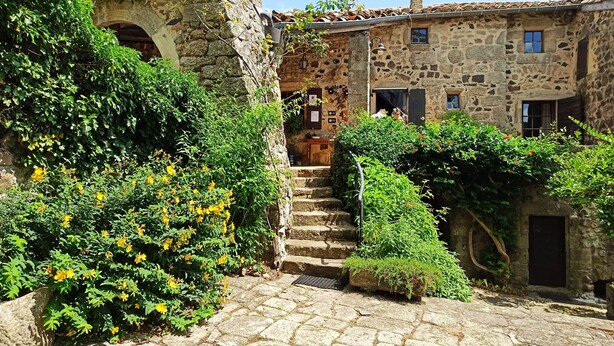 Un bâtiment en pierre avec un escalier menant à une porte, le tout entouré de verdure et de fleurs jaunes.