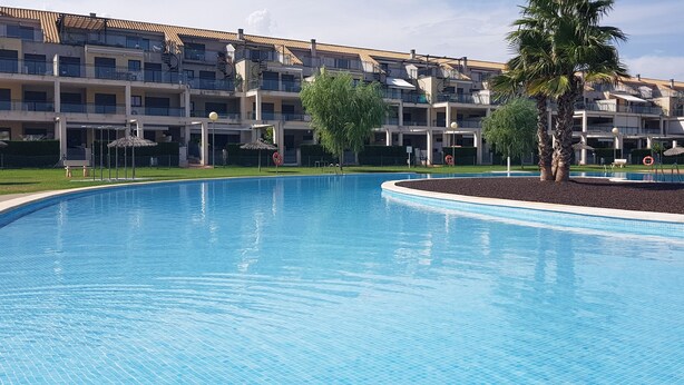 Una piscina con bordeado de azulejos, rodeada de un área ajardinada con palmeras y un edificio al fondo.
