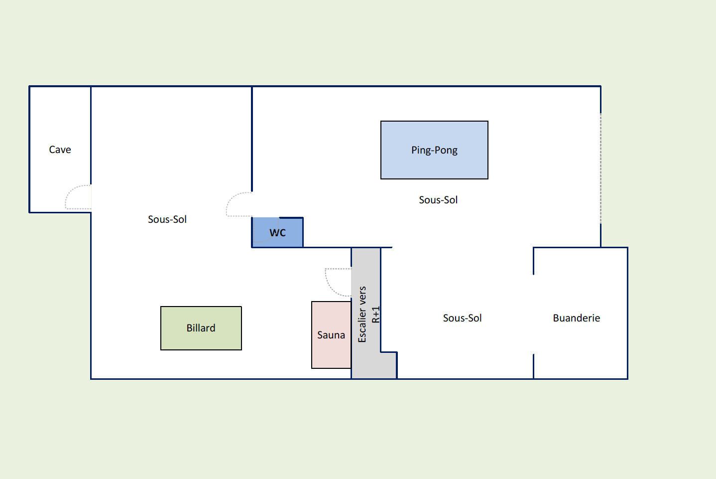 Een plattegrond van een hotel met een grot, pingpong, biljartzaal, sauna en een jacuzzi.