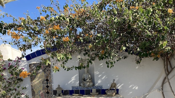 A courtyard with a mosaic-tiled floor, a white wall with a mosaic panel, a statue, and a cactus plant. - Dar Amandine Djerba midoun (Midoun Djerba)