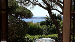 Vista pela janela com moldura de madeira rústica, com vista para um jardim que inclui um banco de madeira e uma árvore.