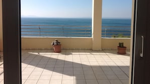 Un balcón con vista al mar, dos plantas en macetas y suelo de baldosas.