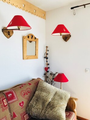 Télévision, cheminée, lecteur de DVD, livres