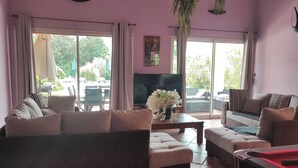 A living room with a sofa, ottoman, and a pool table. There is a TV and a plant on a table. - VILLA "La Crau" Exceptional Provencal oasis with private saltwater pool  (Arles)