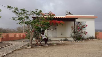 A small house with a tiled roof, a white exterior, and a window with a decorative grille.