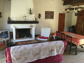 Télévision, cheminée, lecteur de DVD, table de tennis de table