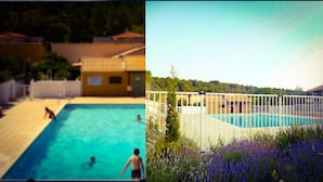 A swimming pool with a fenced area and a garden with purple flowers. - Very nice little villa at the Franqui  (Leucate)