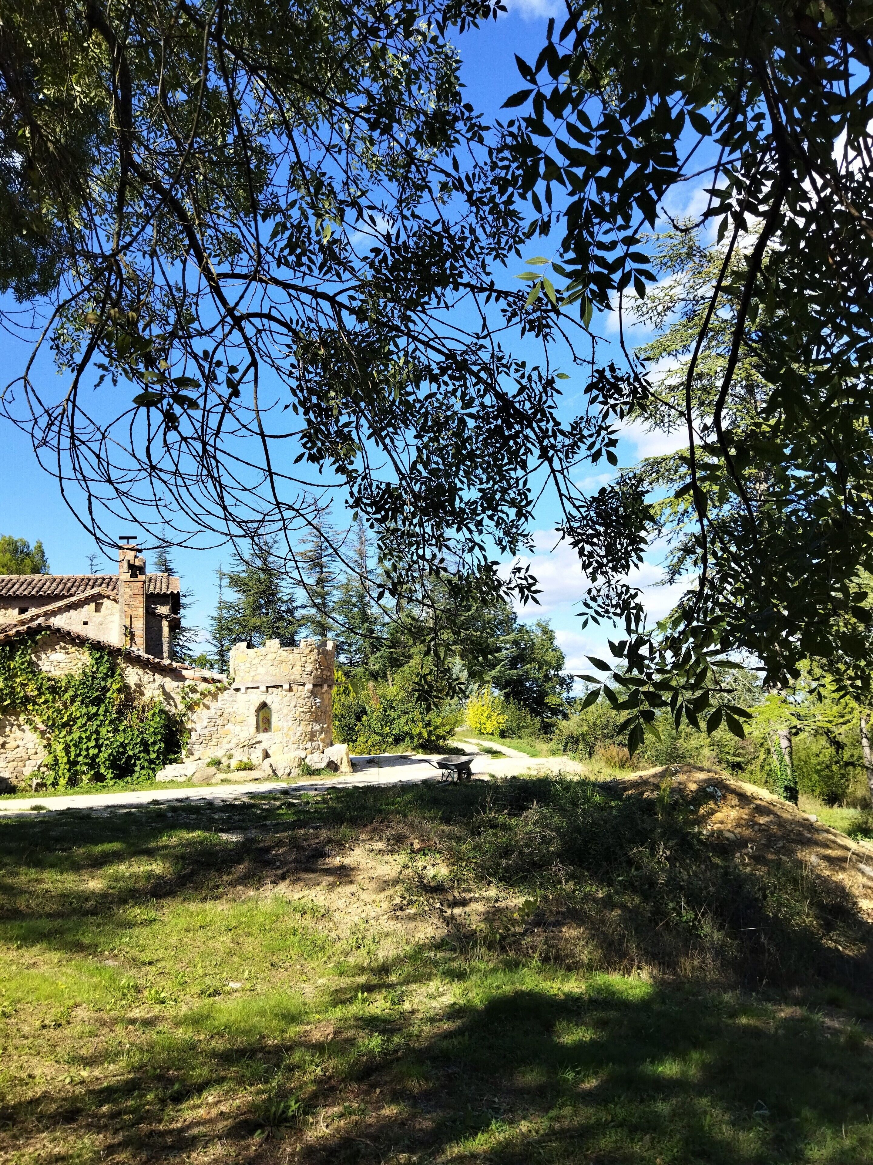 A stone building with a tower, surrounded by trees and a clear sky.