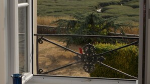 Ein Balkon mit Blick auf ein Feld und einen entfernten Turm.