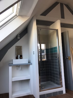 Shower, hair dryer, towels, toilet paper