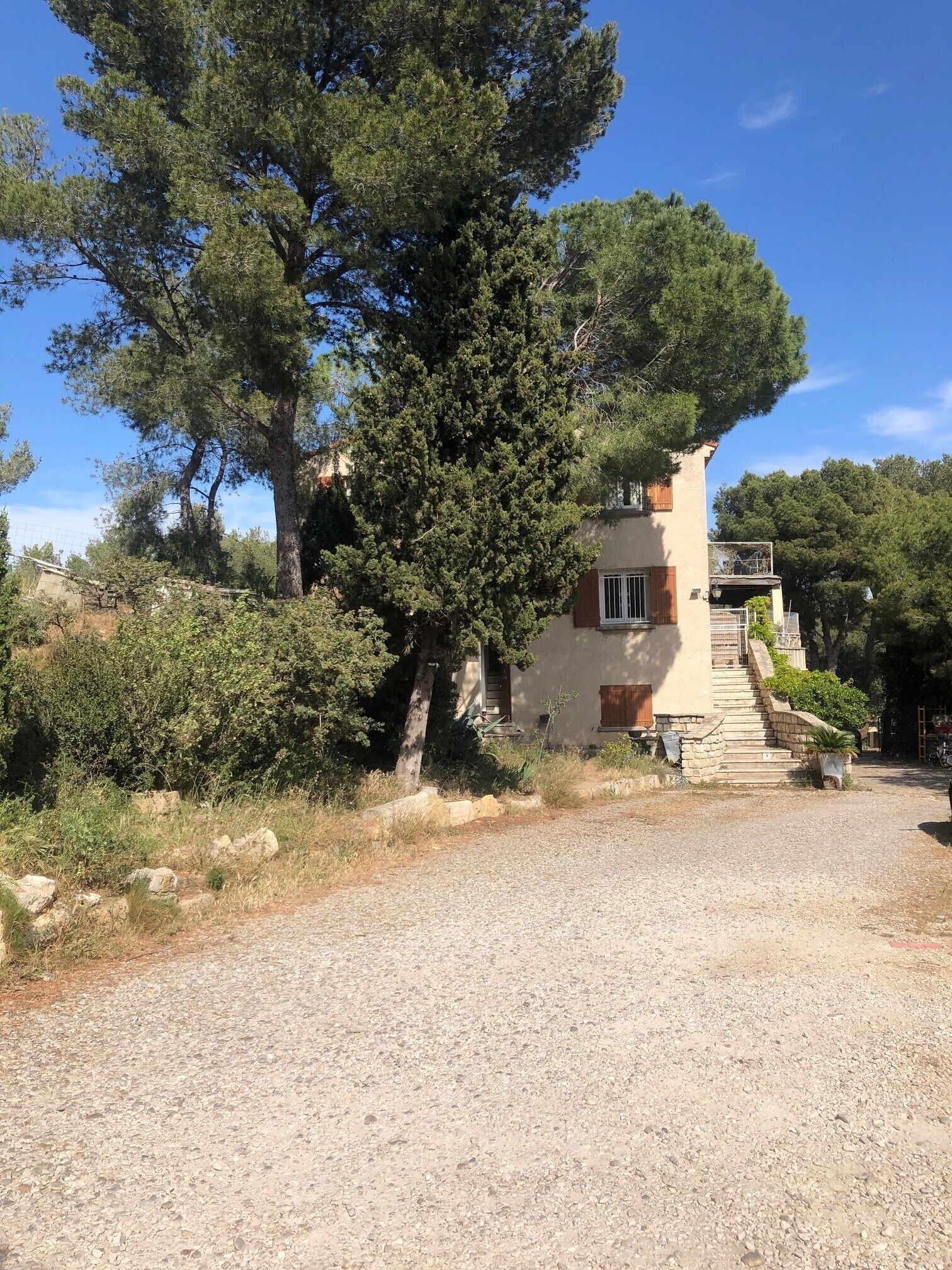 A house with a stone staircase leading to a wooden door, surrounded by trees and a gravel driveway.