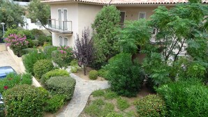A house with a stone pathway leading to a gated entrance, surrounded by lush greenery and flowering plants.