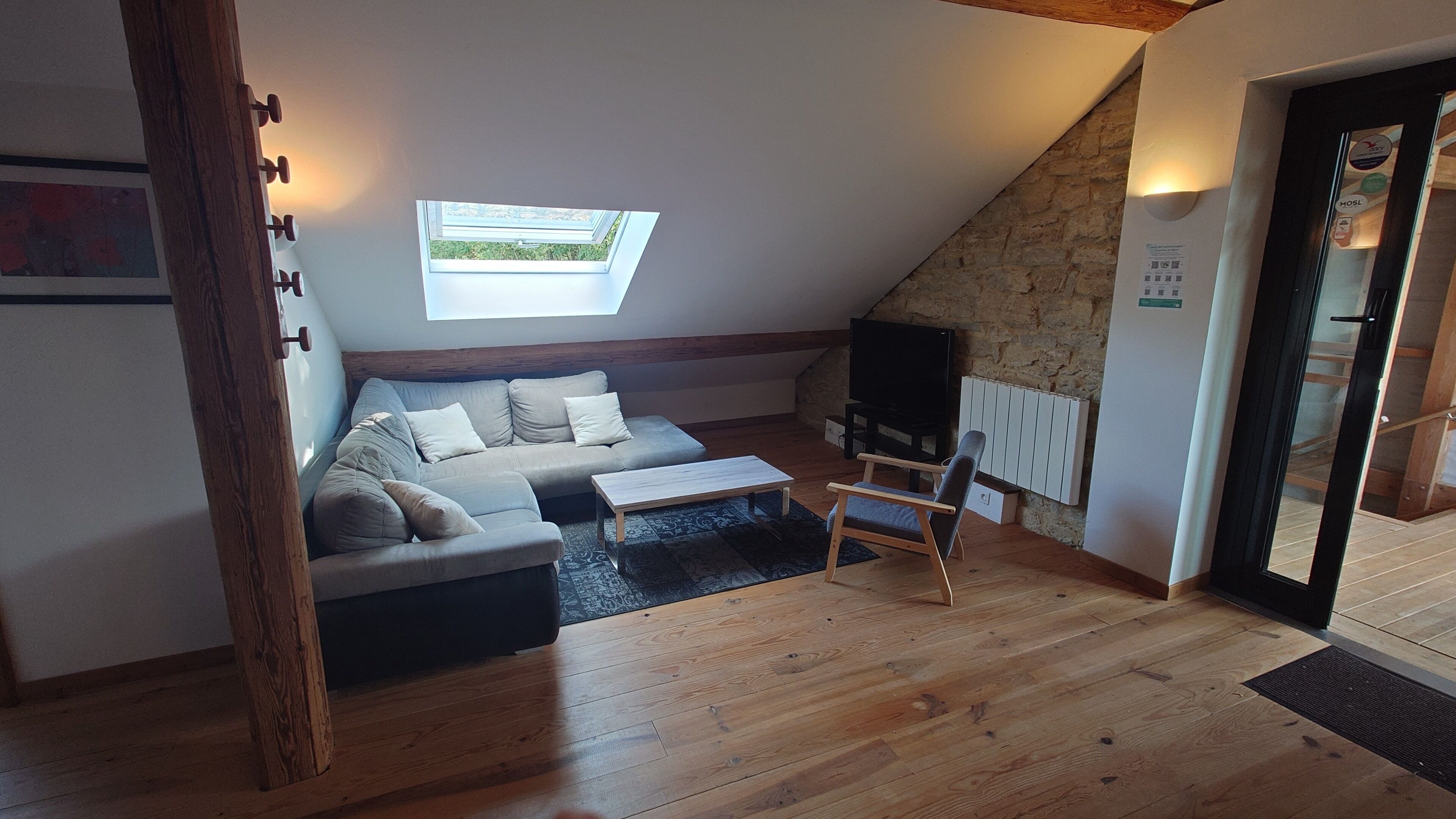 Une chambre à coucher confortable, aménagée en mezzanine, avec un plafond en pente, un téléviseur intégré, un plancher en bois et un puits de lumière.