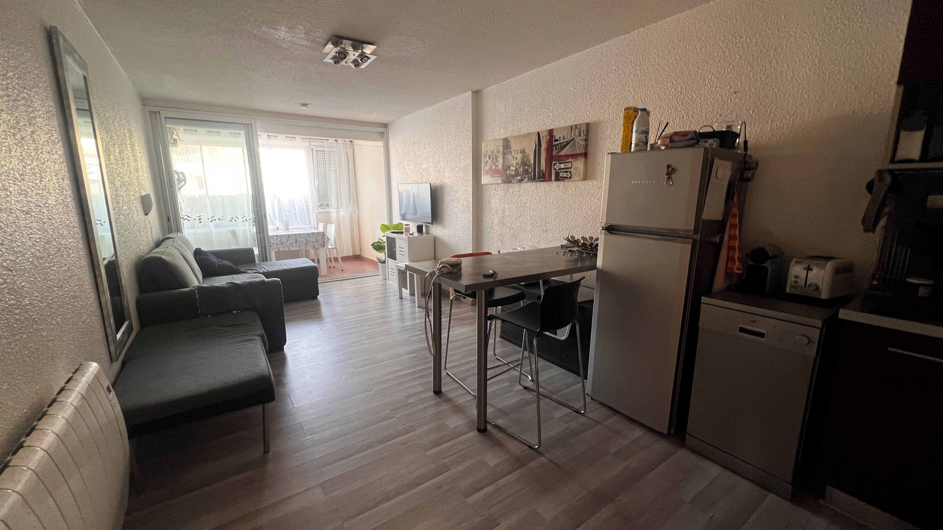 A compact living space with a kitchenette, a dining area, and a seating area with a sofa and chairs.