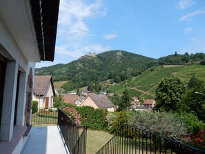 A balcony with a view of a hillside with a castle, houses, and vineyards. - Cottage in character house with magnificent view (Ribeauvillé)