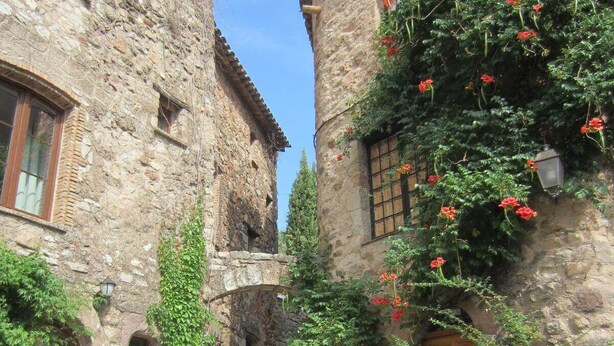 Uma rua de paralelepípedos estreita, ladeada por edifícios de pedra com hera e flores vermelhas.