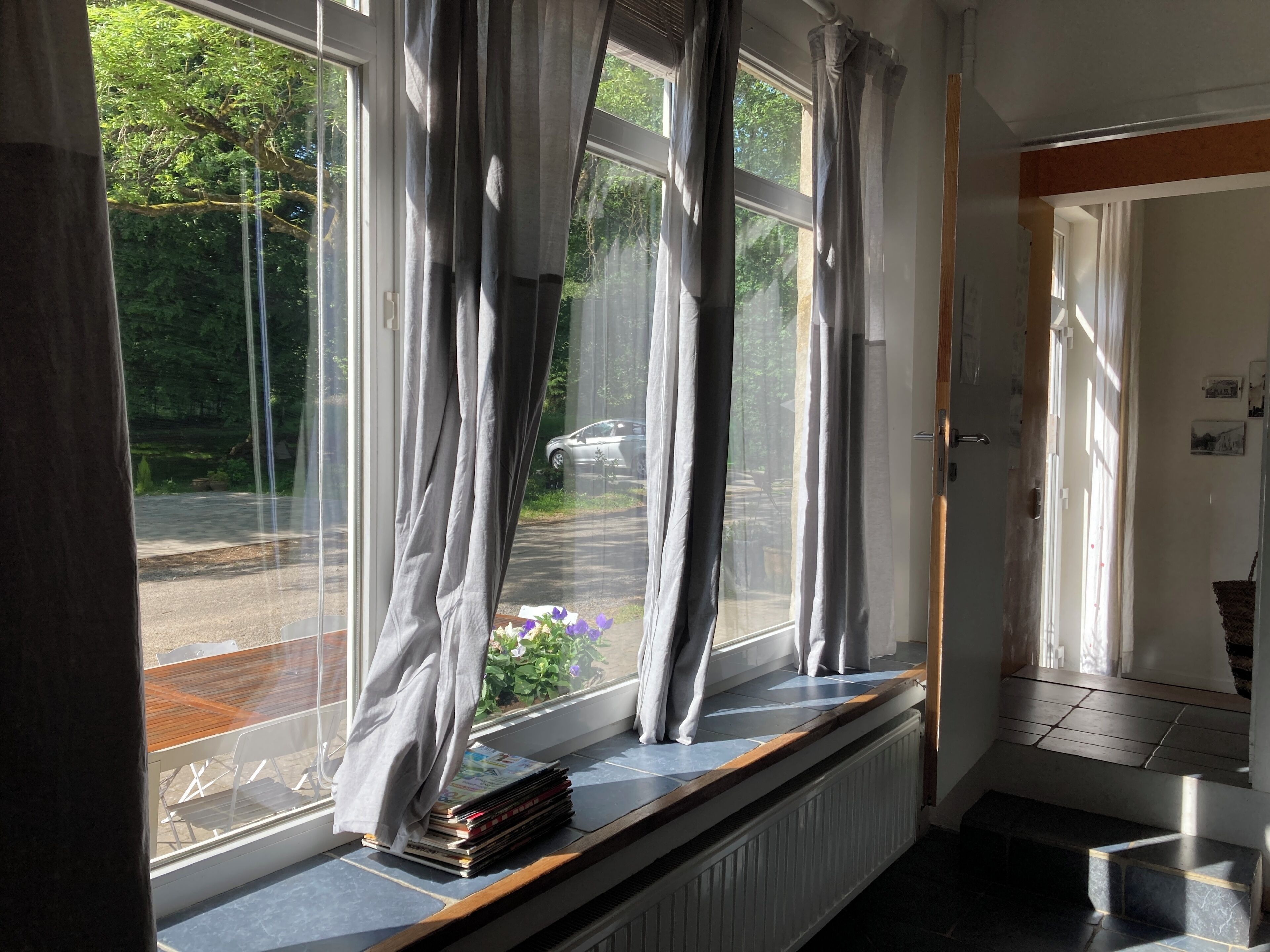A room with a window overlooking a street, a radiator, and a door.