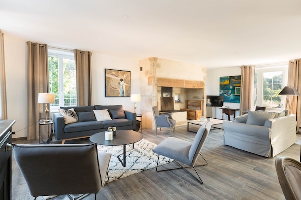 TV, fireplace, books