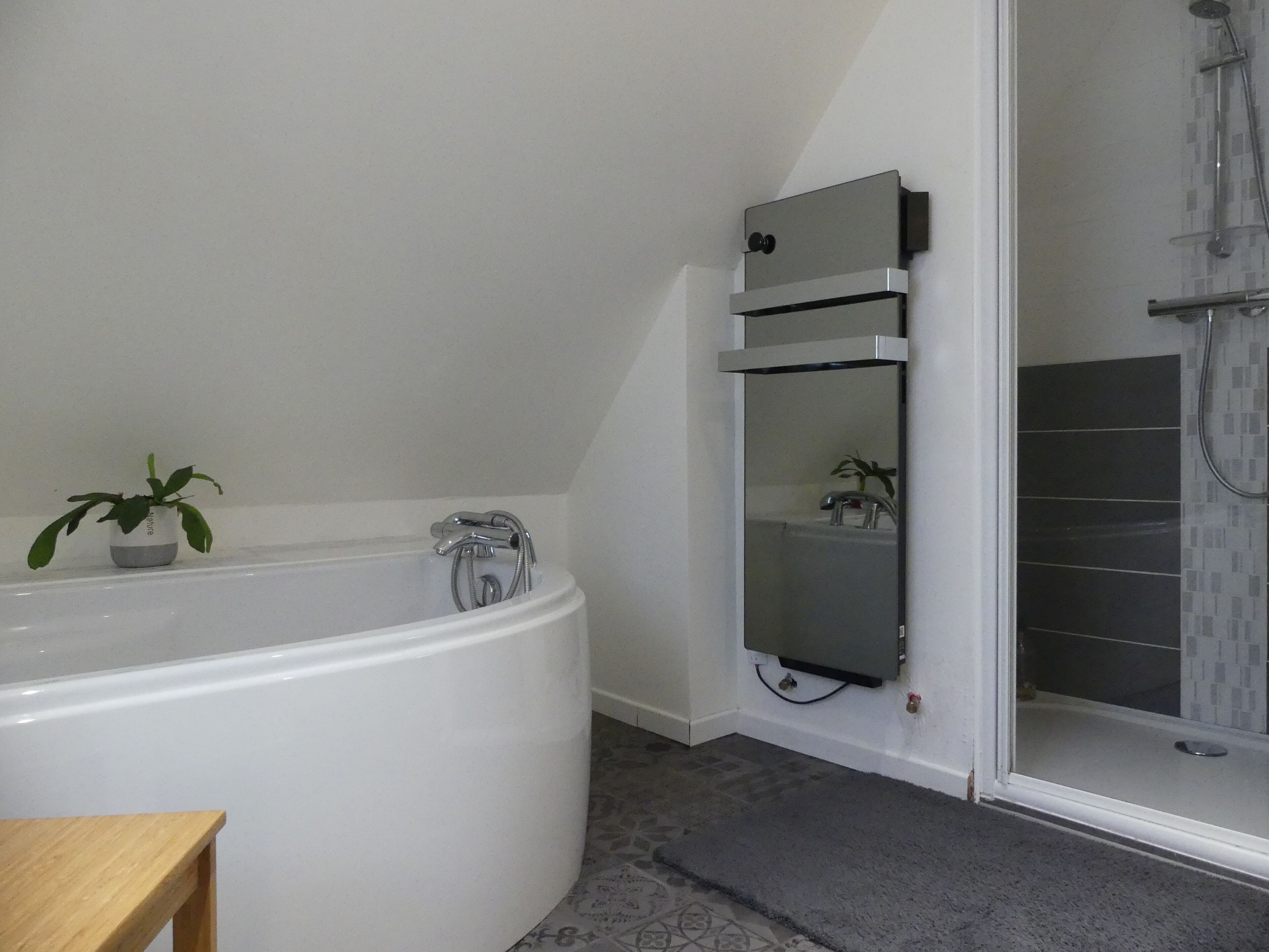 Ensemble douche/baignoire, sèche-cheveux, serviettes fournies, savon