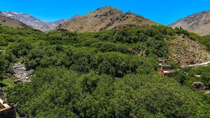 A mountainous landscape with dense green vegetation and scattered buildings. - riad atlas prestige (imlil)