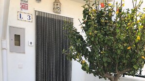 A building entrance with a metal gate, a potted plant, and a small tree.