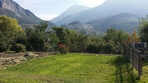 A grassy field with a fence, trees, and a mountainous backdrop.