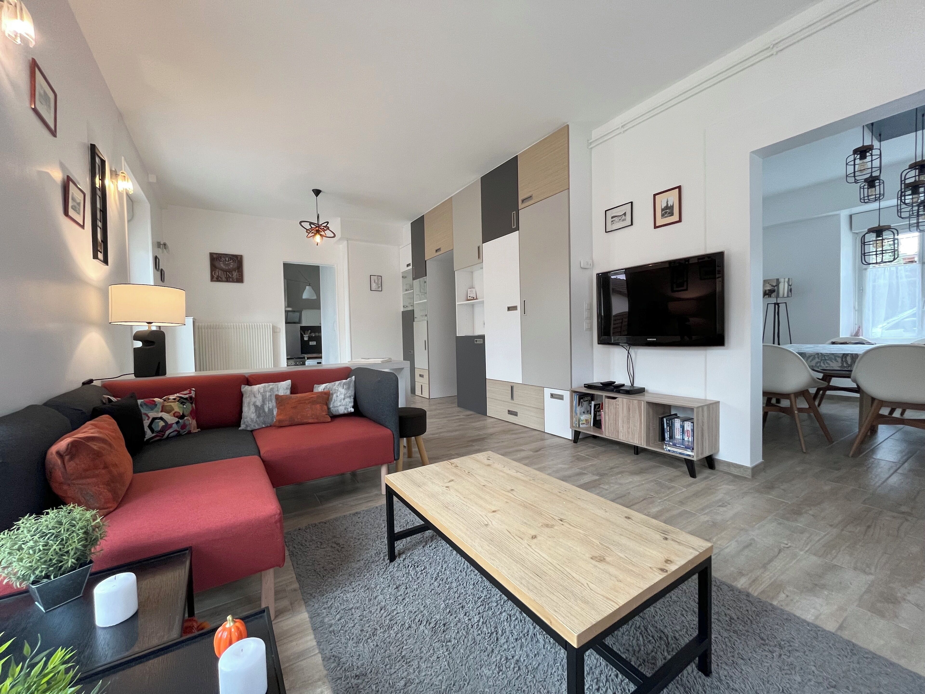 電視、壁爐、DVD 播放機、書籍