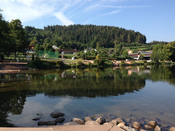 A tranquil lake with clear reflections, surrounded by a forested hillside and residential buildings.