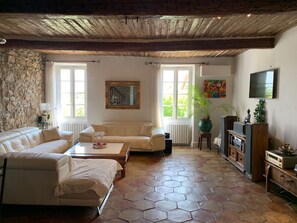 TV connectée, cheminée, lecteur de DVD, livres
