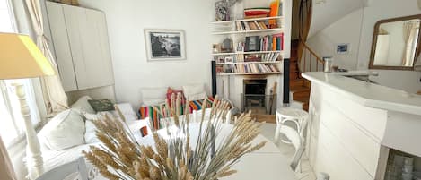 TV, fireplace, books, music library