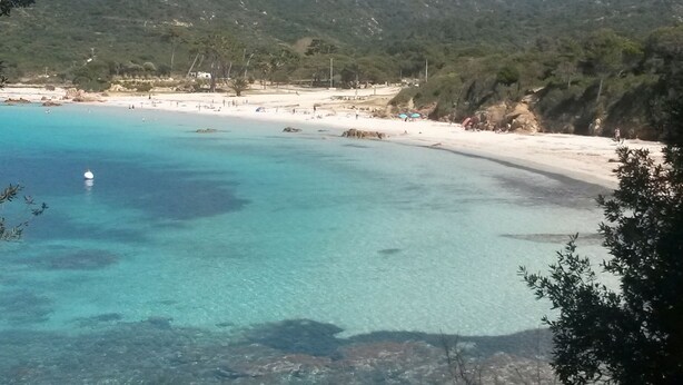 Una playa costera con agua turquesa cristalina, orilla arenosa y afloramientos rocosos.