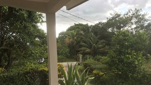 Un espace extérieur abrité, doté d’un banc en bois et de plantes en pot, entouré d’une végétation luxuriante et bordé d’un sentier.